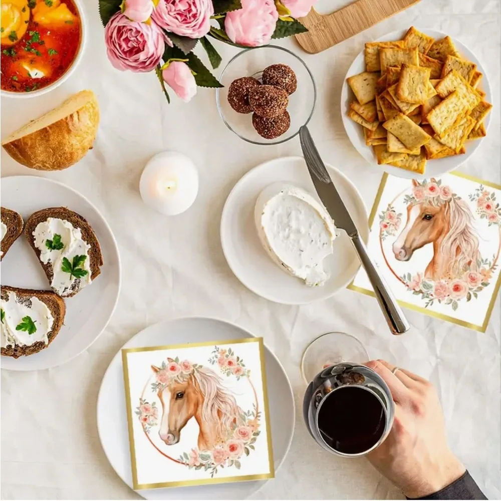 Floral Horse Luncheon Napkins in Gold and Pink, 10 ct